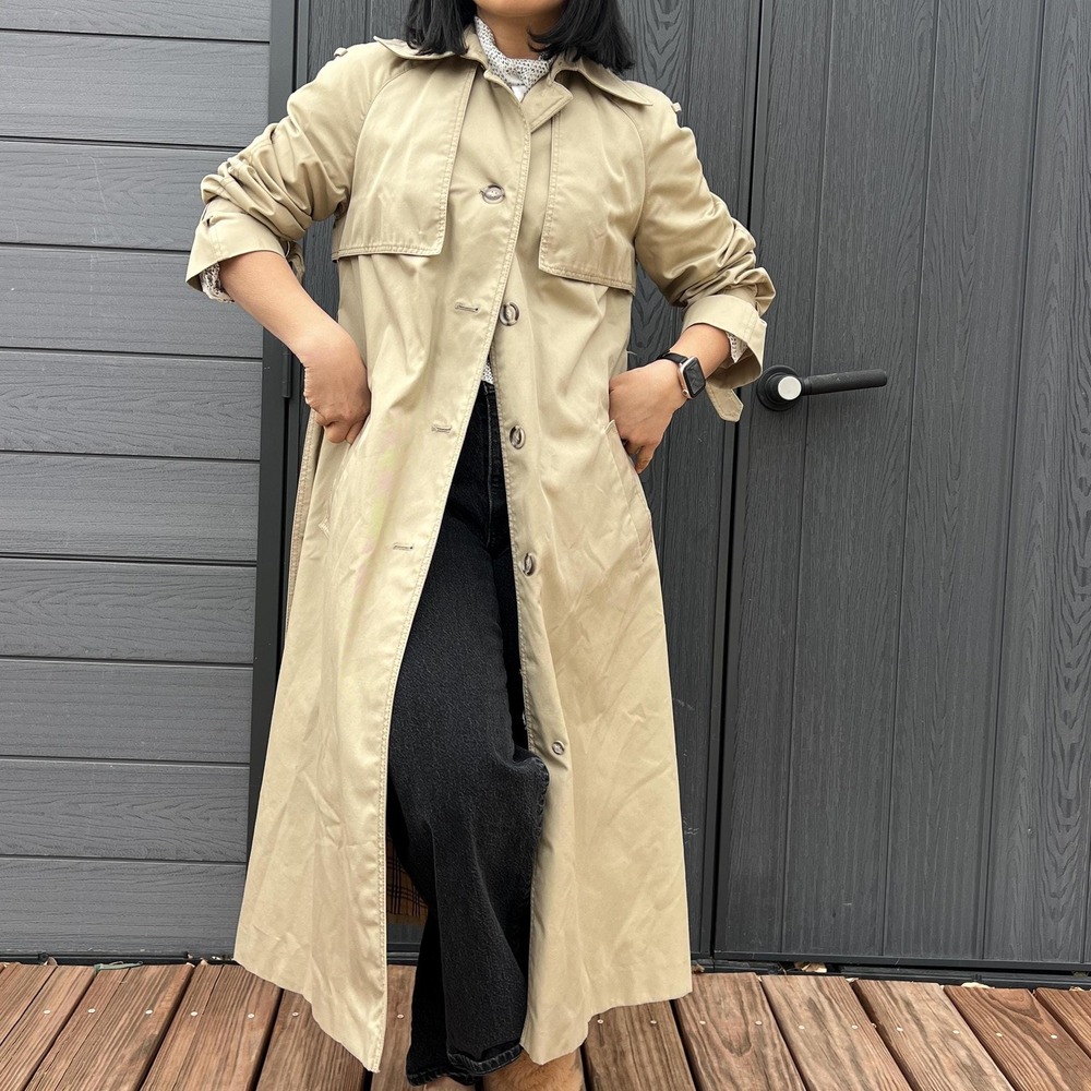 Vintage Utex Trench Coat Beige Classic Long Jacket Minimalist Belted small coat - Picture 8 of 10
